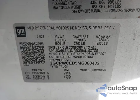 2021 Chevrolet Silverado 1500 2Wd Short Bed Lt z USA, uszkodzony, nr VIN 3GCPWCED5MG380433